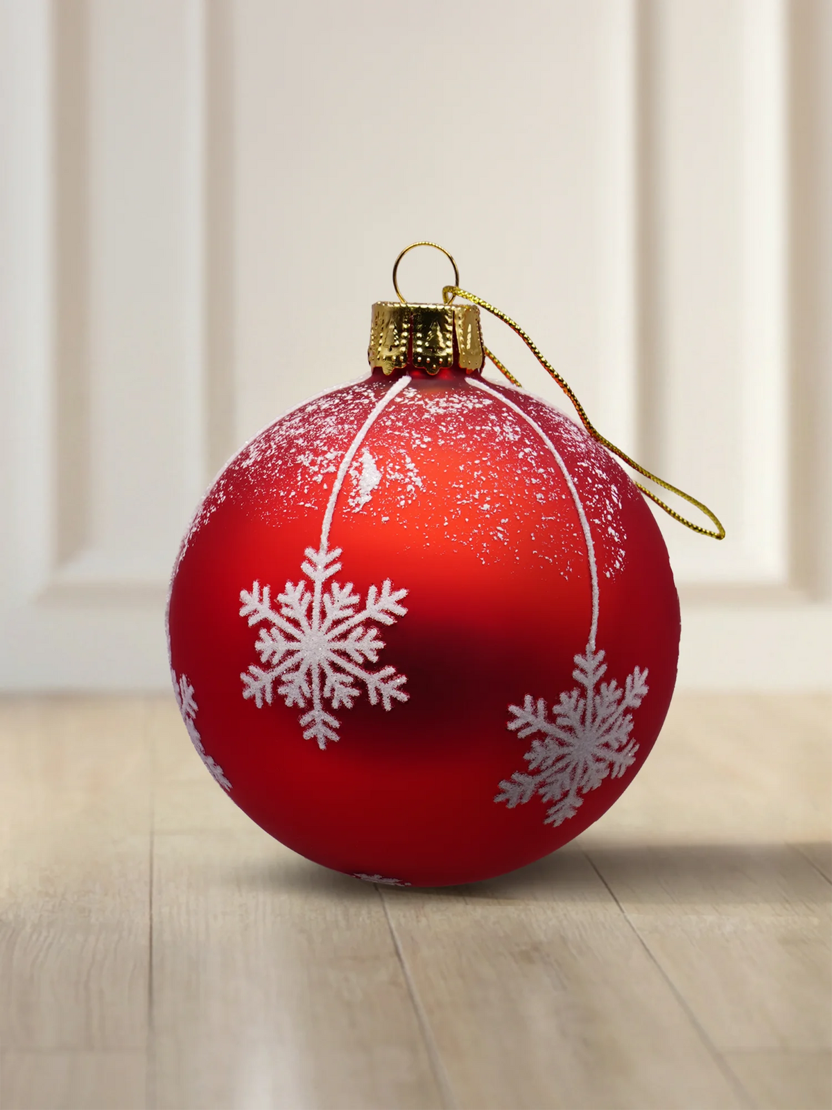 ArtiTree glass bauble 10 cm in matte red with large white snowflakes and snow dust