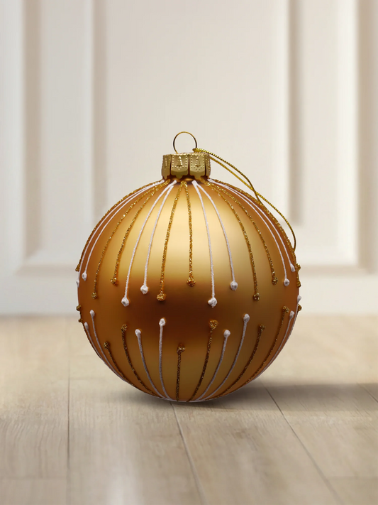 ArtiTree 8 cm matte gold glass bauble with glitter lines and white dots in a radiating pattern