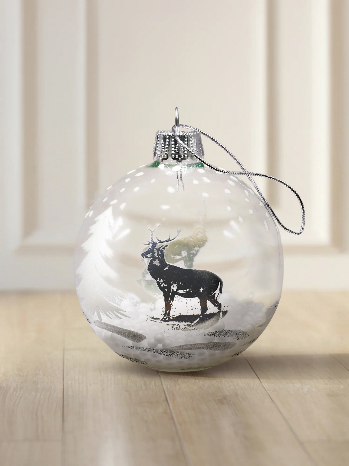 ArtiTree glass bauble 10 cm, clear, with deer and fir motif and snow globes inside
