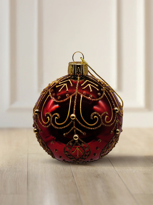 ArtiTree glass bauble 8 cm in wine red with gold ornaments, pearls and glitter decoration