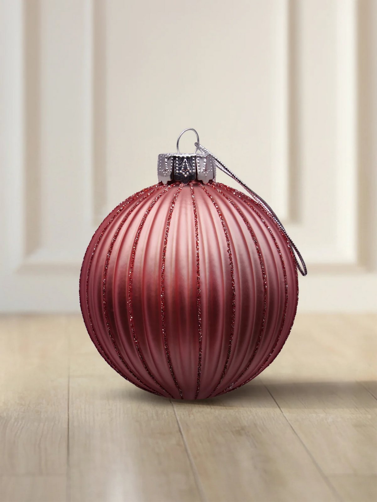 ArtiTree glass bauble 8 cm in matte pink with a ribbed surface and red glitter stripes