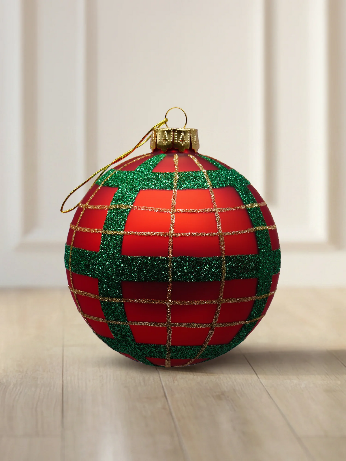 ArtiTree glass ornament 10 cm in matte red with a green-gold plaid glitter pattern
