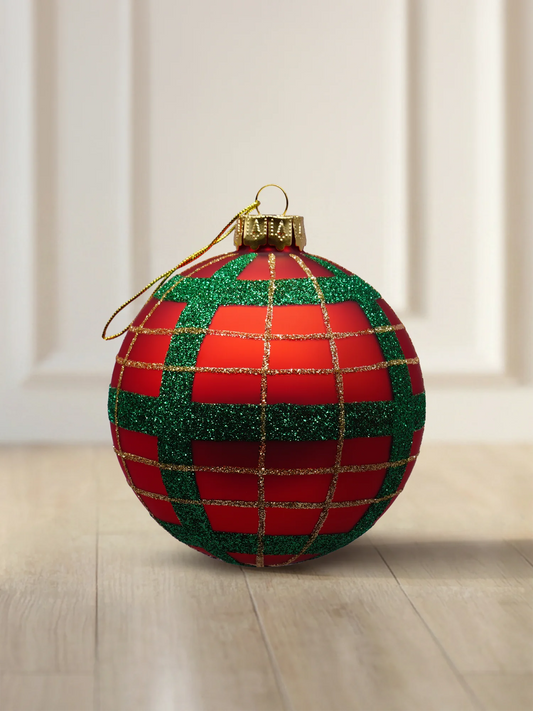 ArtiTree 8 cm matte red glass bauble with green-gold glitter check pattern