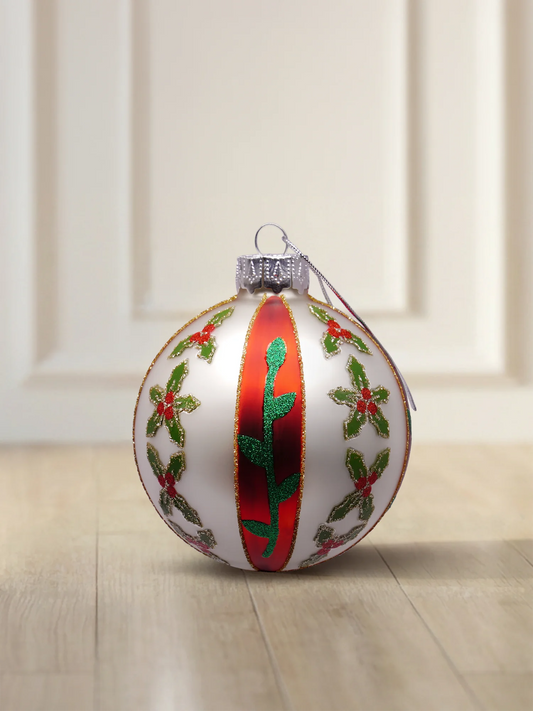 ArtiTree glass bauble 6 cm in matte white with holly blossoms, red stripe and gold glitter