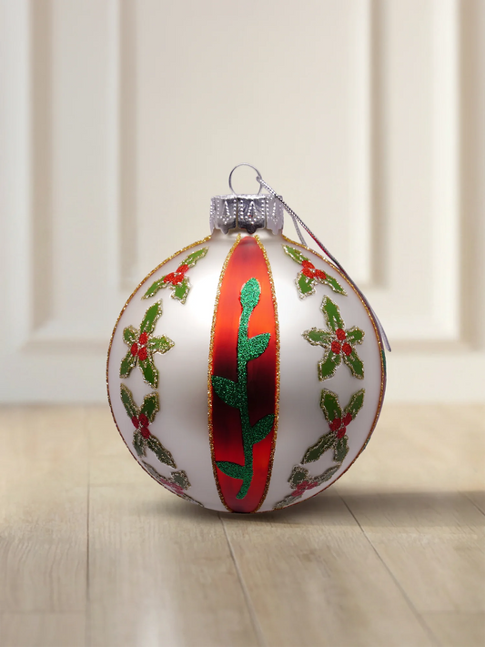 ArtiTree glass bauble 8 cm in matte white with holly blossoms, red stripe and gold glitter