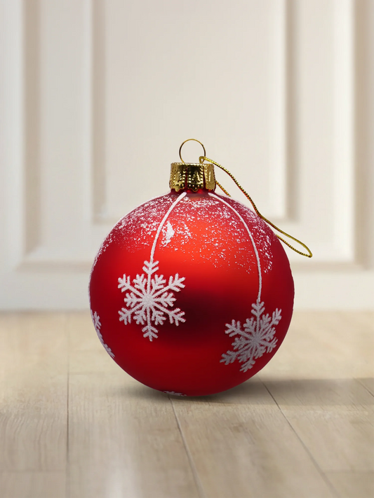 ArtiTree glass bauble 6 cm in matte red with large white snowflakes and snow dust