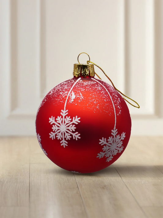 ArtiTree 8 cm matte red glass bauble with large white snowflakes and snow dust