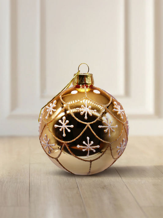 ArtiTree 6 cm glass bauble in shiny gold with white snowflakes and gold arch pattern
