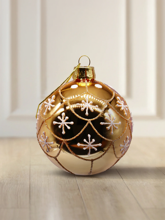ArtiTree glass bauble 8 cm in glossy gold with white snowflakes and a golden arch pattern