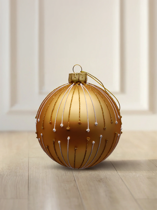 ArtiTree glass bauble 6 cm in matte gold with glitter lines and white dots in a radiating pattern