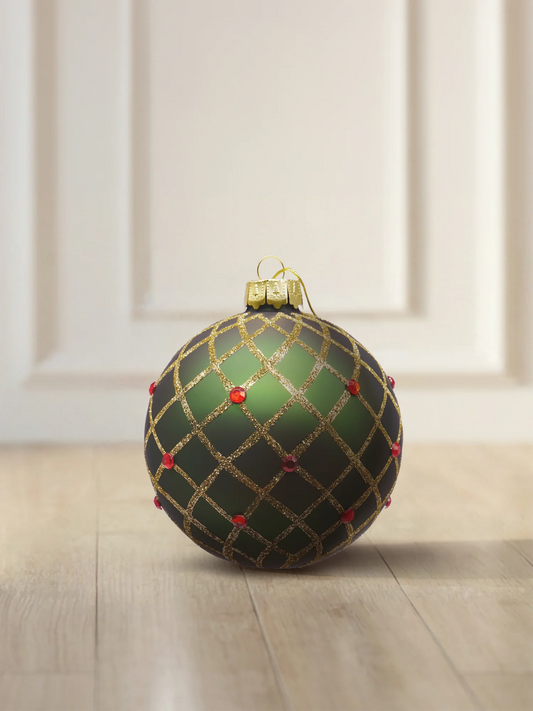ArtiTree 6 cm matte dark green glass bauble with gold diamond lattice and red gemstones