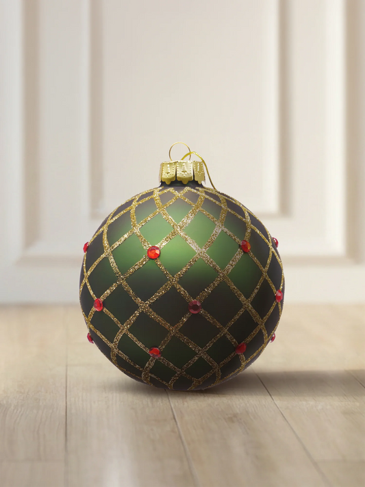 ArtiTree glass bauble 8 cm in matte dark green with a gold diamond lattice and red decorative stones