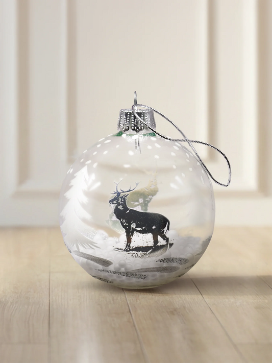ArtiTree 8 cm clear glass bauble with deer and fir motif and snow globes inside