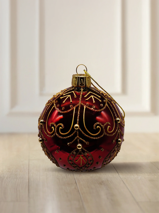 ArtiTree glass bauble 6 cm in burgundy with gold ornaments, pearls and glitter decoration