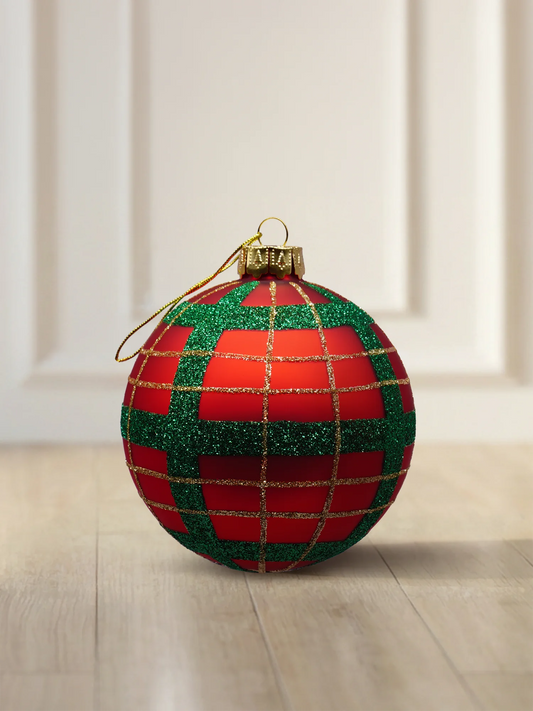 ArtiTree glass bauble 6 cm in matte red with green and gold checked glitter pattern
