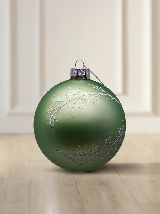 ArtiTree glass bauble 6 cm in matte sage green with white branches and frost pattern