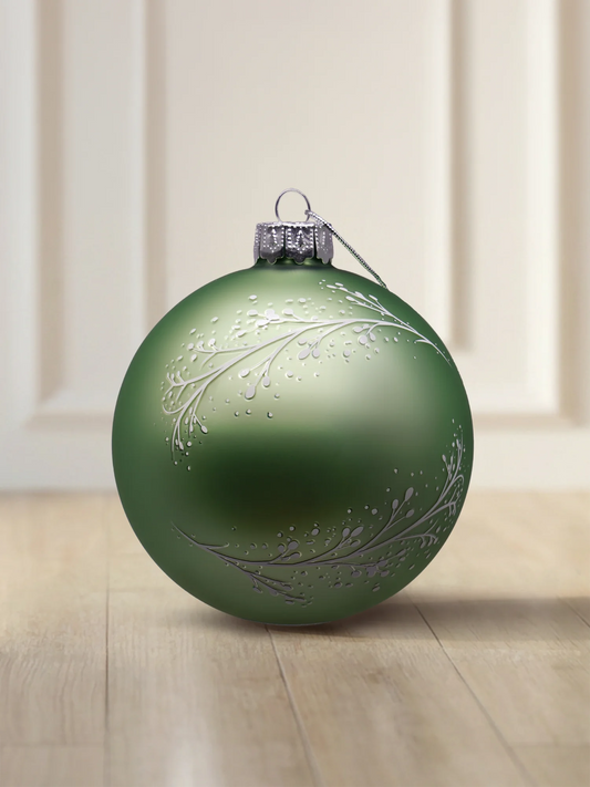 ArtiTree glass bauble 8 cm in matte sage green with white branches and frost pattern