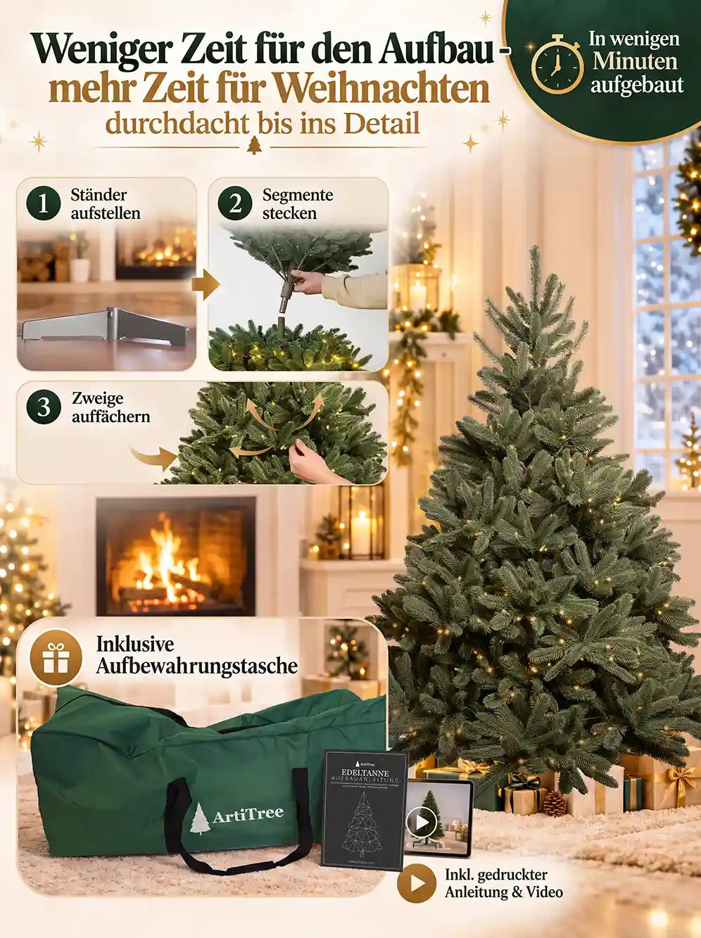 ArtiTree Edeltanne 150cm mit LED: Aufbau in 3 Schritten – Ständer aufstellen, Segmente stecken, Zweige auffächern; inklusive grüner Aufbewahrungstasche und gedruckter Aufbauanleitung