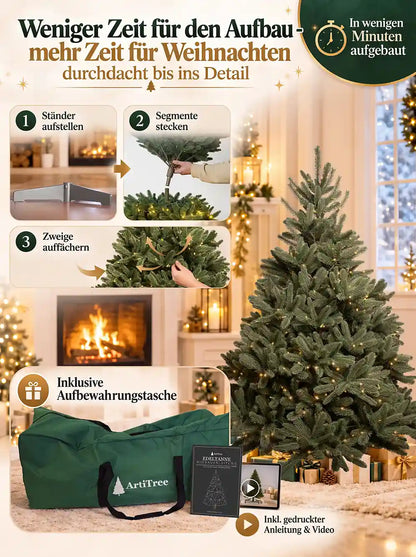 ArtiTree Edeltanne 150cm mit LED: Aufbau in 3 Schritten – Ständer aufstellen, Segmente stecken, Zweige auffächern; inklusive grüner Aufbewahrungstasche und gedruckter Aufbauanleitung