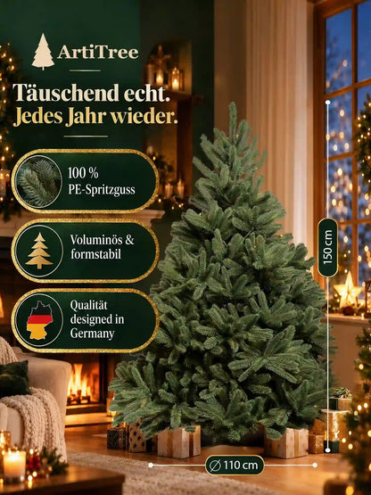 ArtiTree Edeltanne 150cm Infografik: „Täuschend echt. Jedes Jahr wieder." – 100% PE-Spritzguss, voluminös & formstabil, designed in Germany; Höhe 150cm, Durchmesser 110cm