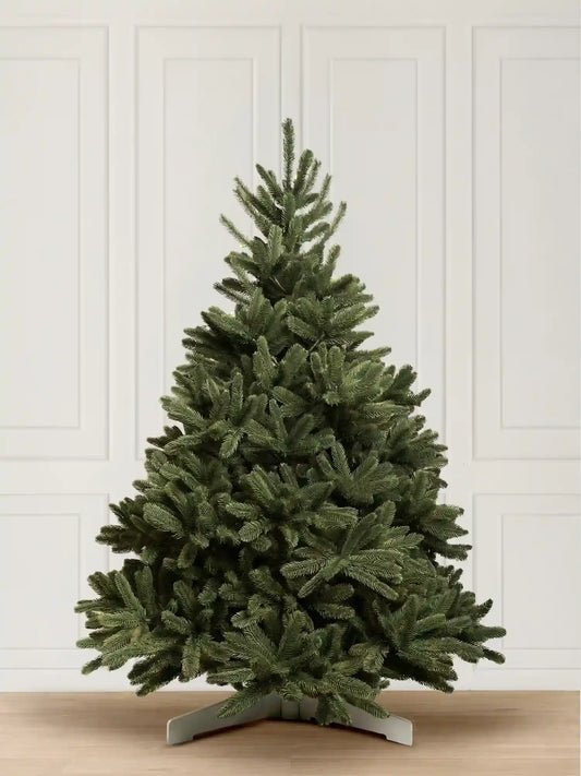 ArtiTree Noble Fir 150cm without LED: artificial Christmas tree, 100% PE injection-moulded, full branches, on a wooden stand against a white background