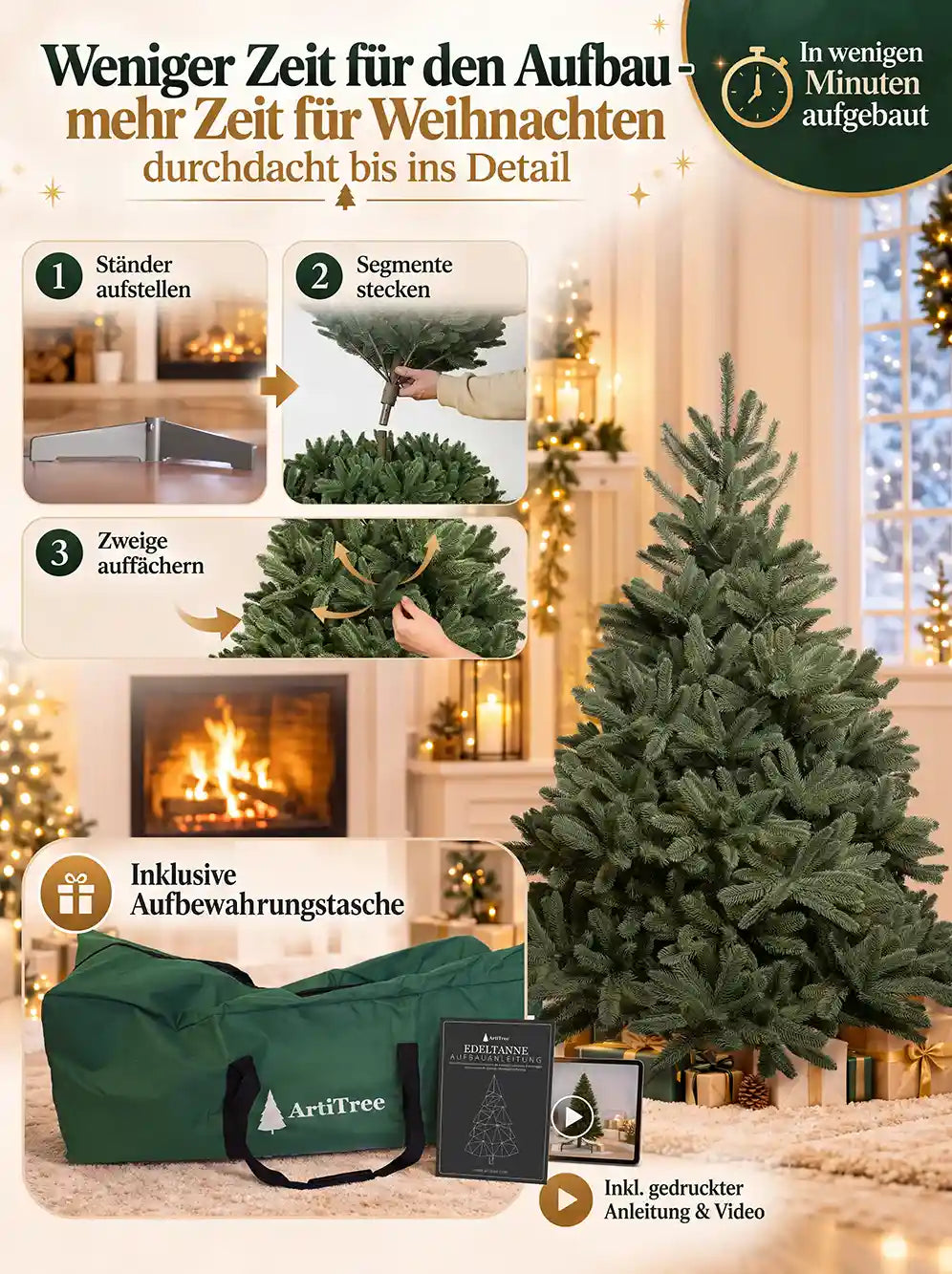ArtiTree Edeltanne 150cm ohne LED: Aufbau in 3 Schritten – Ständer aufstellen, Segmente stecken, Zweige auffächern; inklusive grüner Aufbewahrungstasche und gedruckter Aufbauanleitung