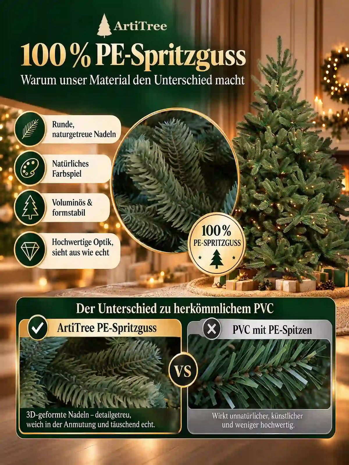 ArtiTree Edeltanne 180cm mit LED: 100% PE-Spritzguss – Vergleich ArtiTree PE-Spritzguss vs. PVC mit PE-Spitzen; runde naturgetreue Nadeln, natürliches Farbspiel, voluminös & formstabil