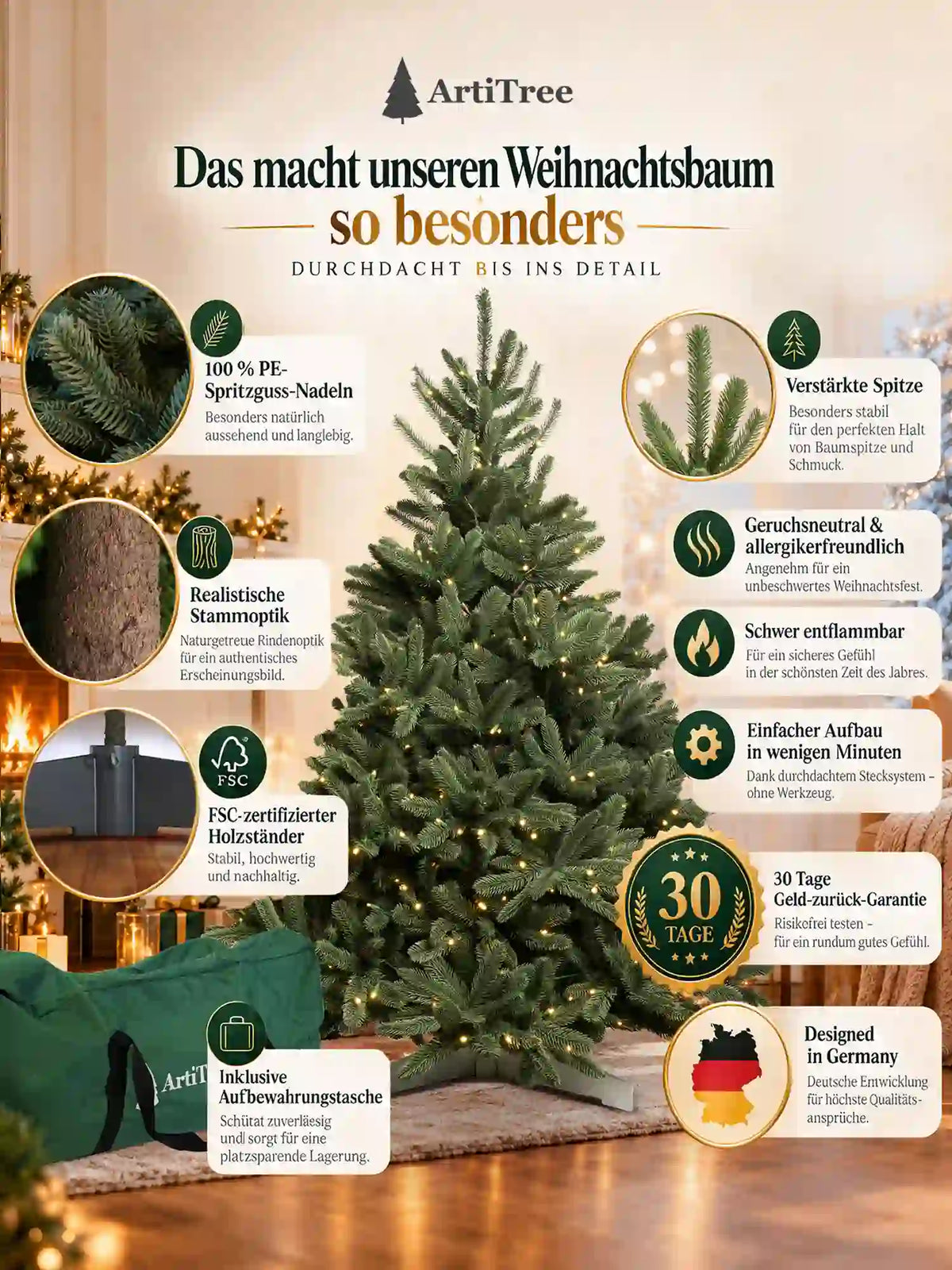 ArtiTree Edeltanne 180cm mit LED: „Das macht unseren Weihnachtsbaum so besonders" – PE-Spritzguss-Nadeln, realistische Stammoptik, FSC-Holzständer, verstärkte Spitze, geruchsneutral, schwer entflammbar, Stecksystem, Aufbewahrungstasche, designed in Germany