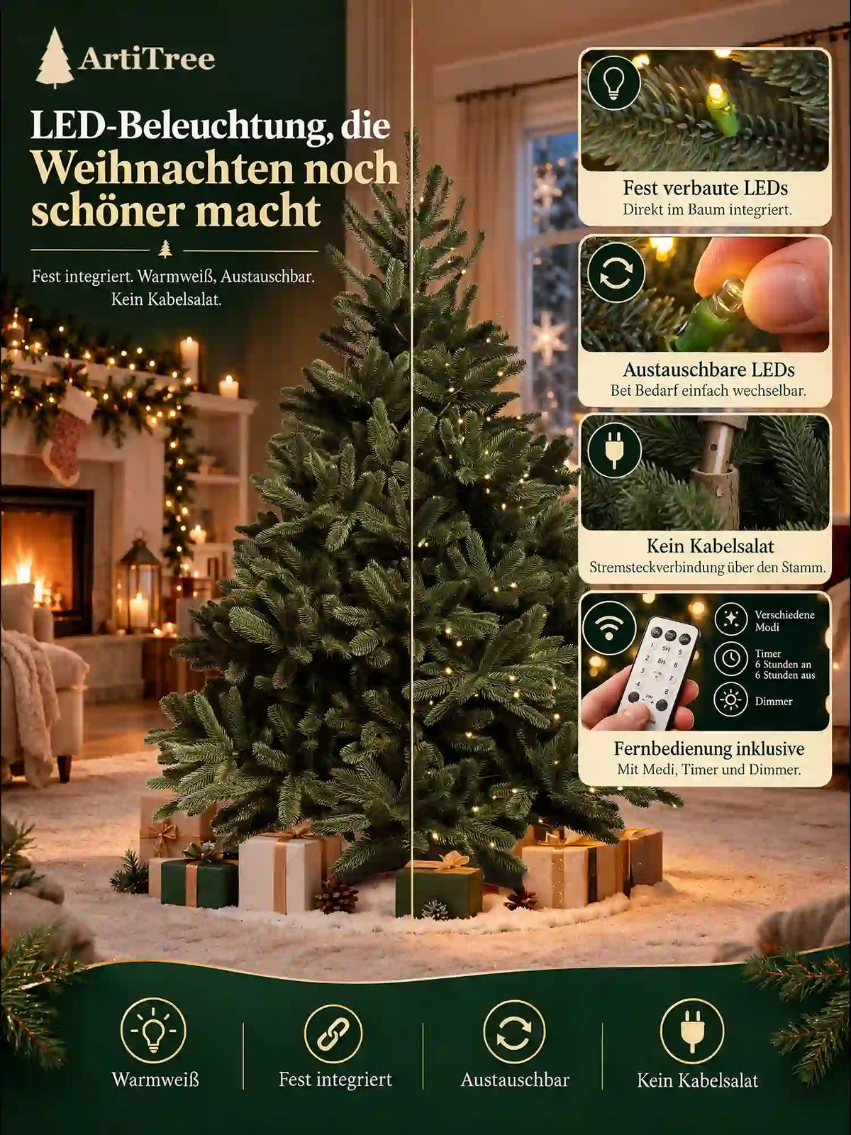 ArtiTree Edeltanne 180cm mit LED: LED-Beleuchtung – fest verbaute warmweiße LEDs, austauschbar, kein Kabelsalat dank Stammsteckverbindung, Fernbedienung mit Modi, Timer und Dimmer inklusive