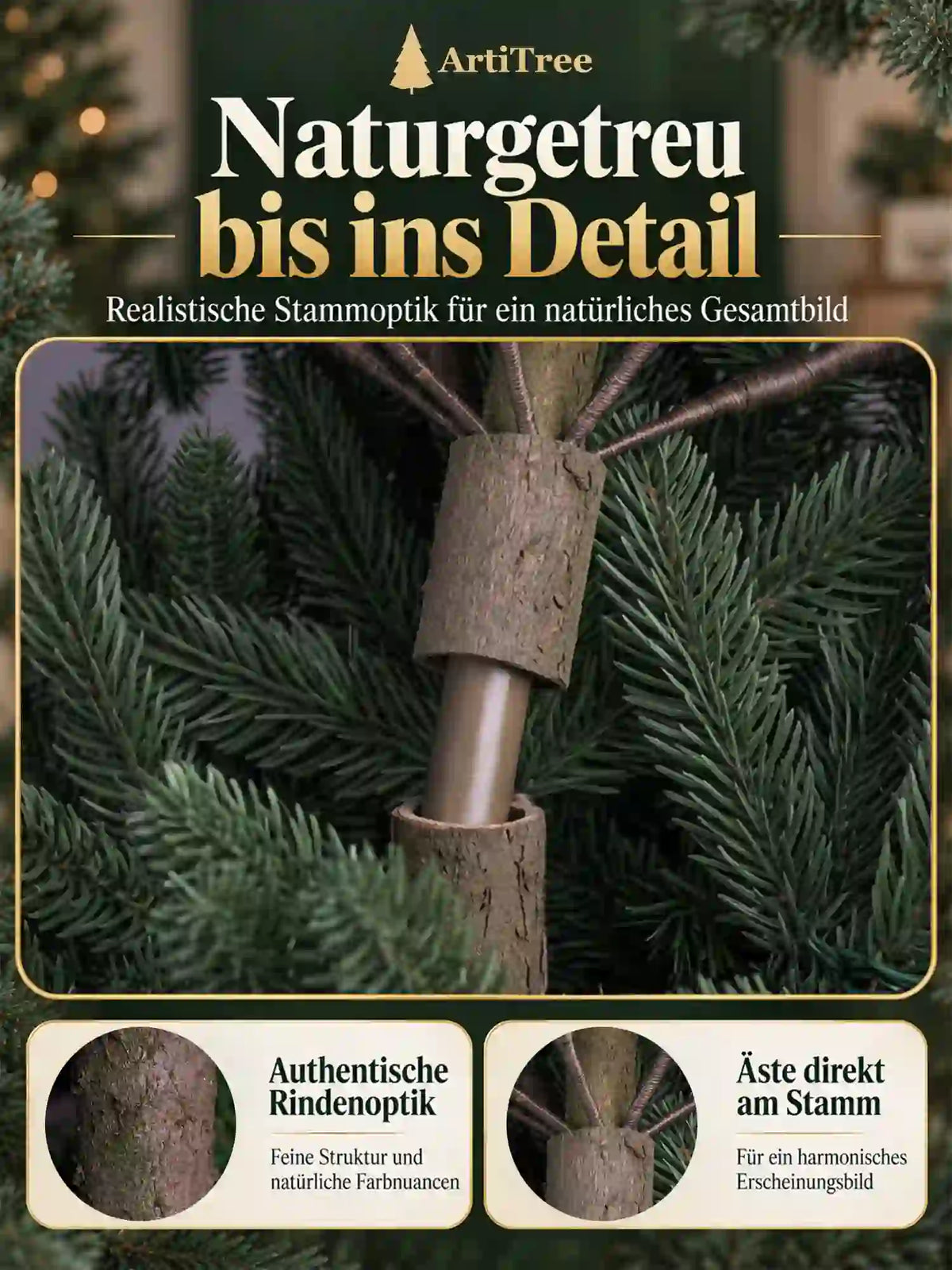 ArtiTree Edeltanne 180cm mit LED: „Naturgetreu bis ins Detail" – Nahaufnahme der realistischen Stammoptik mit authentischer Rindenoptik und Ästen direkt am Stamm