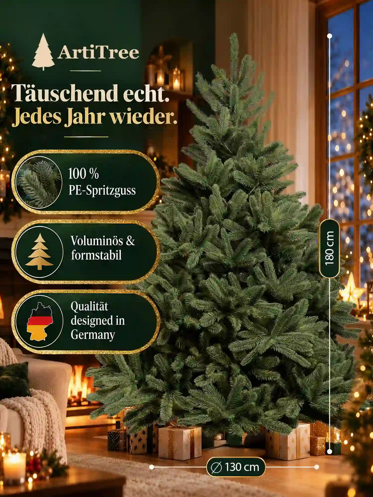ArtiTree Edeltanne 180cm ohne LED: „Täuschend echt. Jedes Jahr wieder." – 100% PE-Spritzguss, voluminös & formstabil, designed in Germany; Höhe 180cm, Durchmesser 130cm