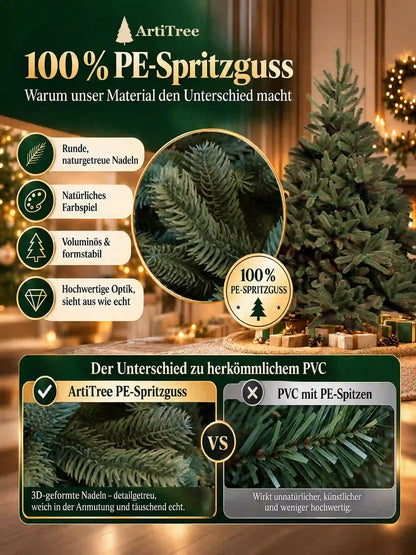 ArtiTree Edeltanne 180cm ohne LED: 100% PE-Spritzguss – Vergleich ArtiTree PE-Spritzguss vs. PVC mit PE-Spitzen; runde naturgetreue Nadeln, natürliches Farbspiel, voluminös & formstabil