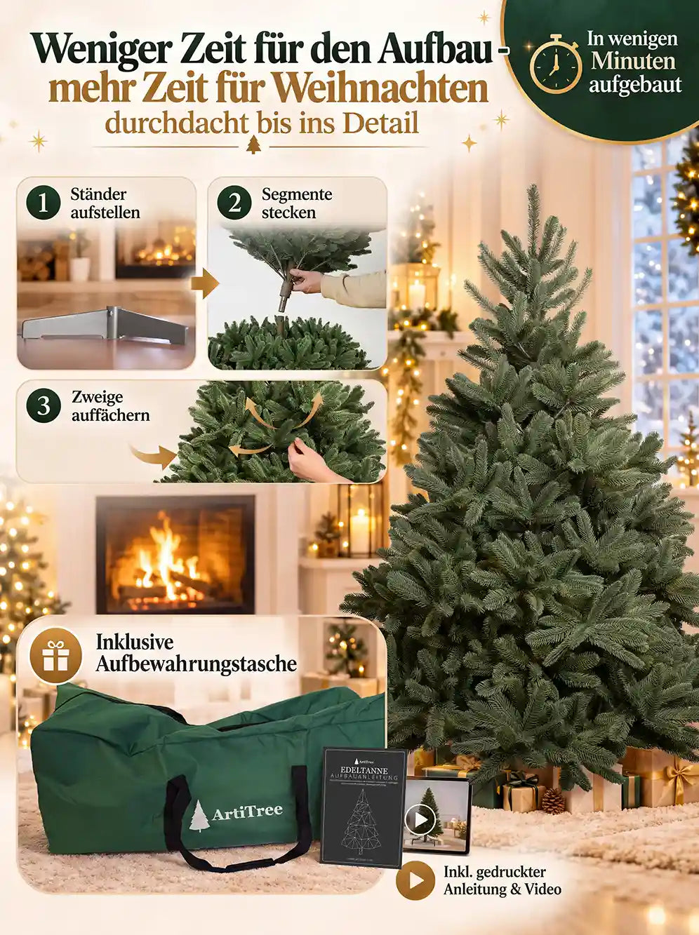 ArtiTree Edeltanne 180cm ohne LED: Aufbau in 3 Schritten – Ständer aufstellen, Segmente stecken, Zweige auffächern; inklusive grüner Aufbewahrungstasche und gedruckter Aufbauanleitung