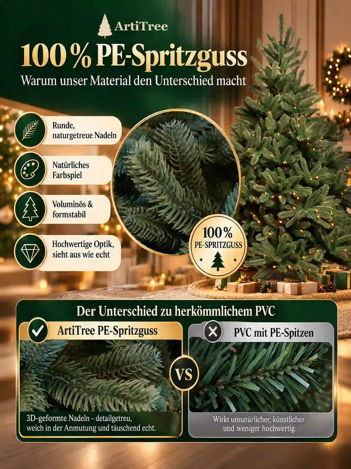 ArtiTree Edeltanne 210cm mit LED: 100% PE-Spritzguss – Vergleich ArtiTree PE-Spritzguss vs. PVC mit PE-Spitzen; runde naturgetreue Nadeln, natürliches Farbspiel, voluminös & formstabil