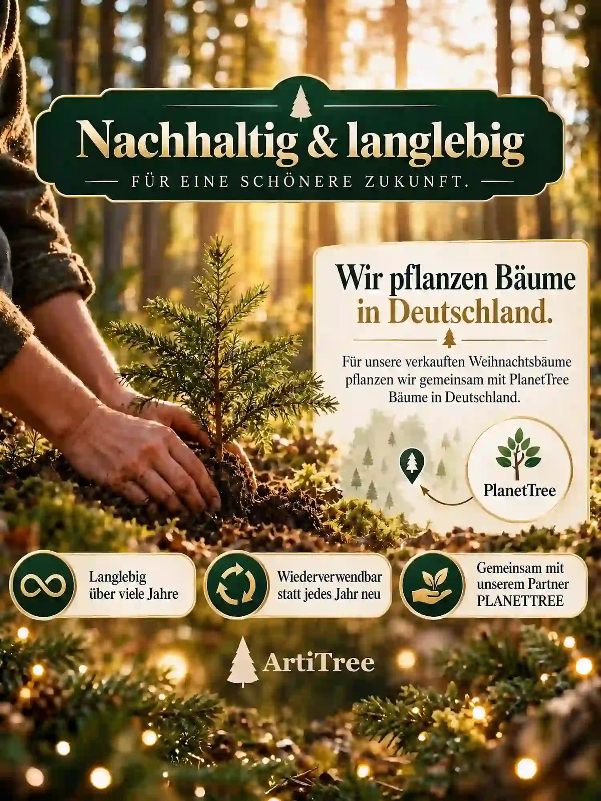 ArtiTree Edeltanne 210cm mit LED: „Nachhaltig & langlebig" – langlebig über viele Jahre, wiederverwendbar, Baumpflanzaktion mit Partner PlanetTree