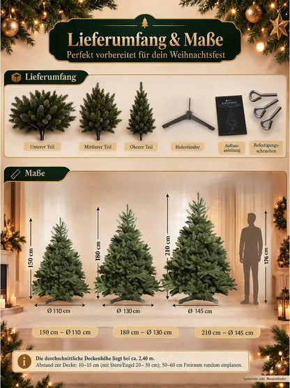 ArtiTree Edeltanne 210cm mit LED: Lieferumfang & Maße – 3 Segmente, Holzständer, Aufbauanleitung, Befestigungsschrauben; Größenvergleich 150cm/Ø 110cm, 180cm/Ø 130cm, 210cm/Ø 145cm