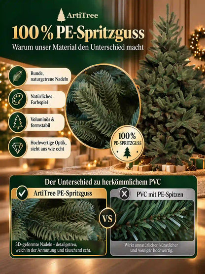 ArtiTree Edeltanne 210cm ohne LED: 100% PE-Spritzguss – Vergleich ArtiTree PE-Spritzguss vs. PVC mit PE-Spitzen; runde naturgetreue Nadeln, natürliches Farbspiel, voluminös & formstabil