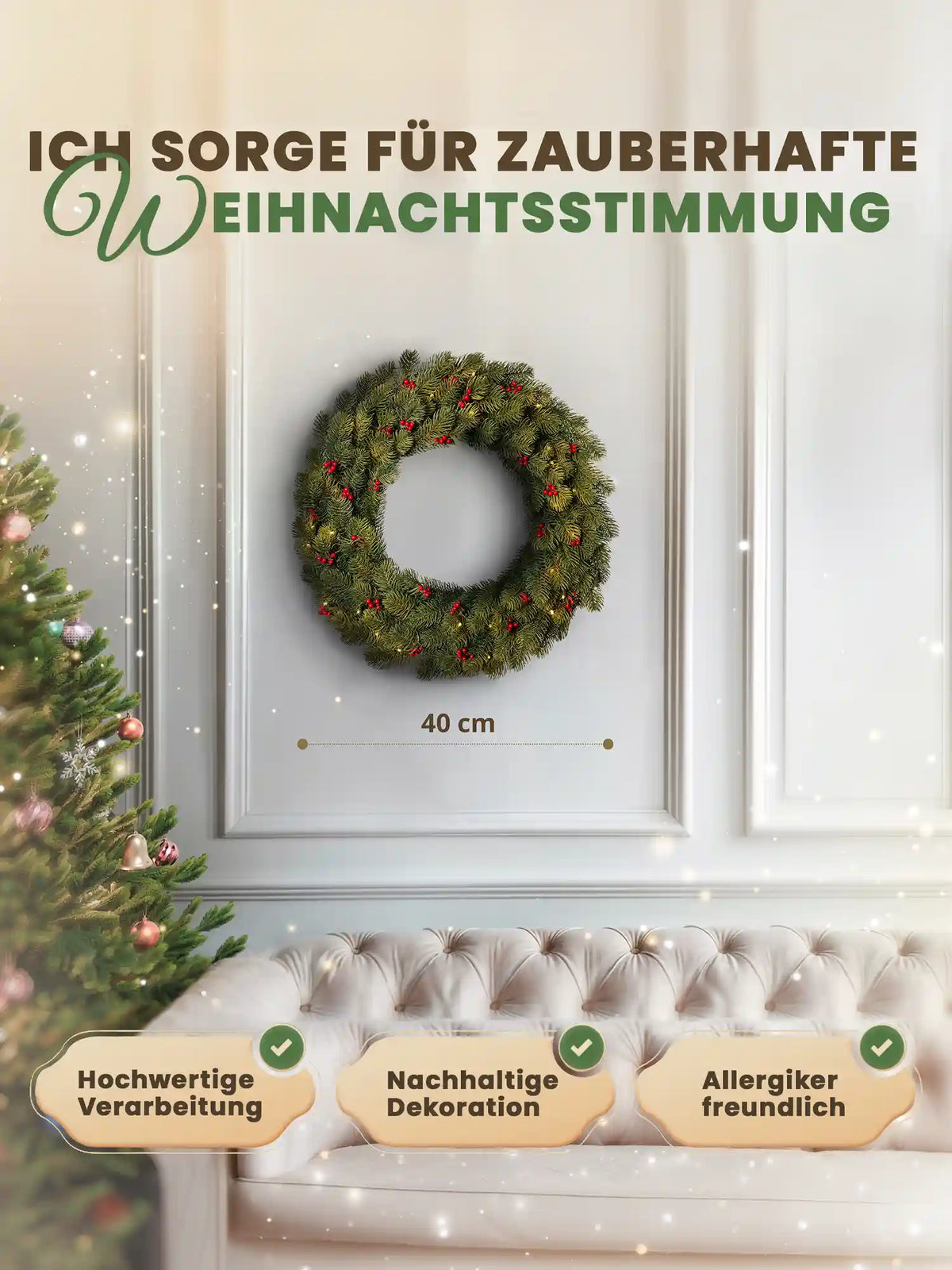 Kunstkerstkrans 40 cm met rode bessen van ArtiTree