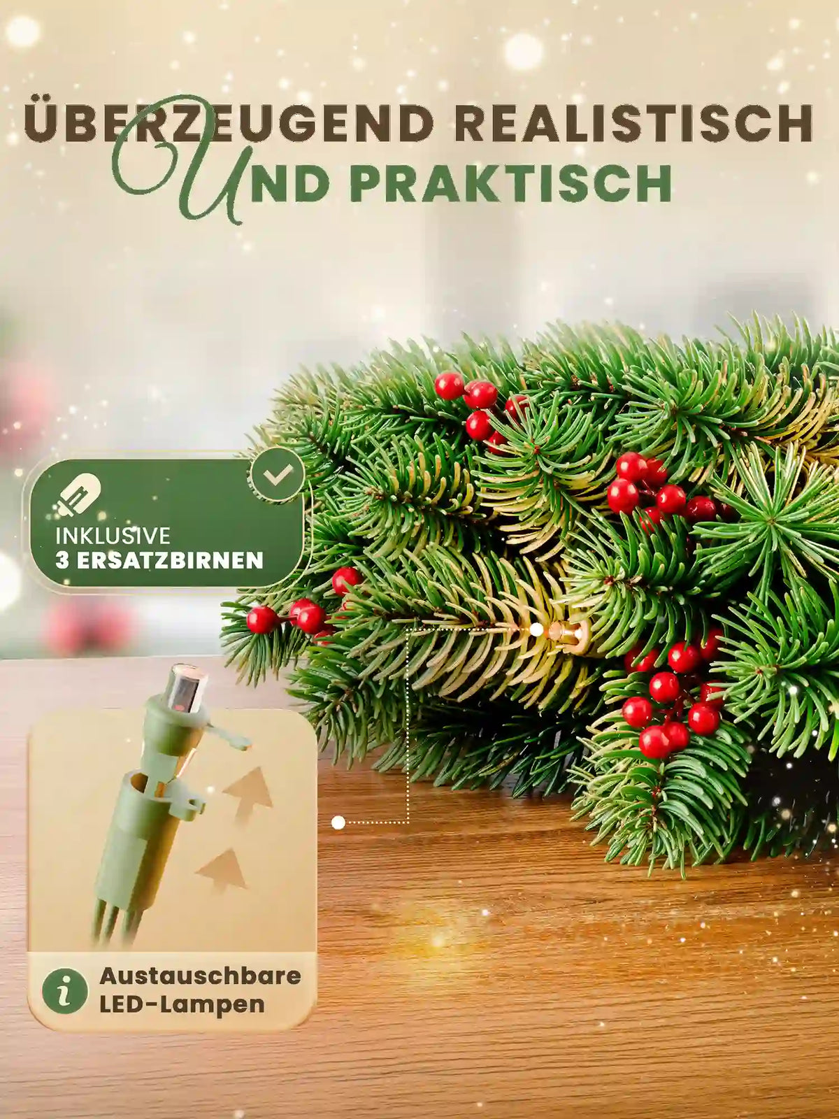 Kunstkerstkrans met rode bessen en natuurgetrouwe dennentakken op een houten tafel 