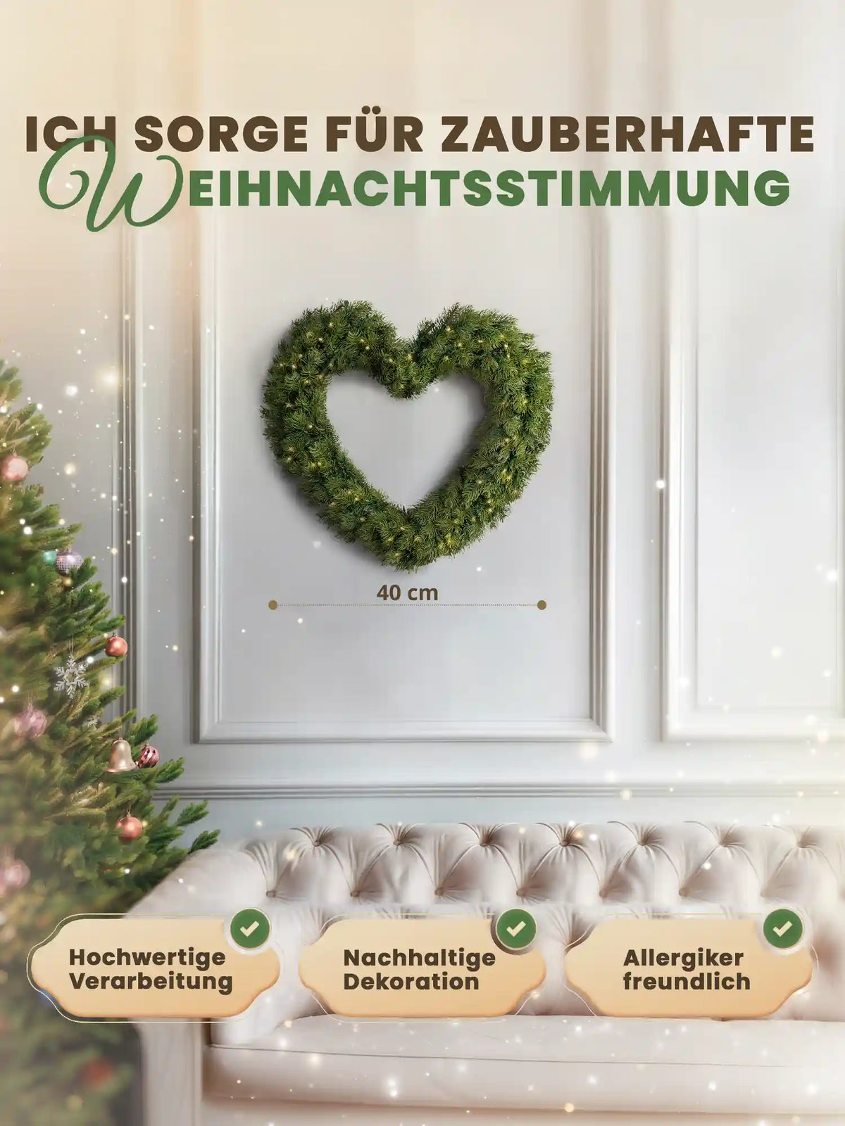 Heart-shaped artificial Christmas wreath, 40cm, by ArtiTree, with measurements shown, on a white wall