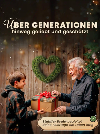 Grandfather and grandson exchange Christmas gifts, with an artificial heart-shaped Christmas wreath by ArtiTree hanging on a wooden wall in the background
