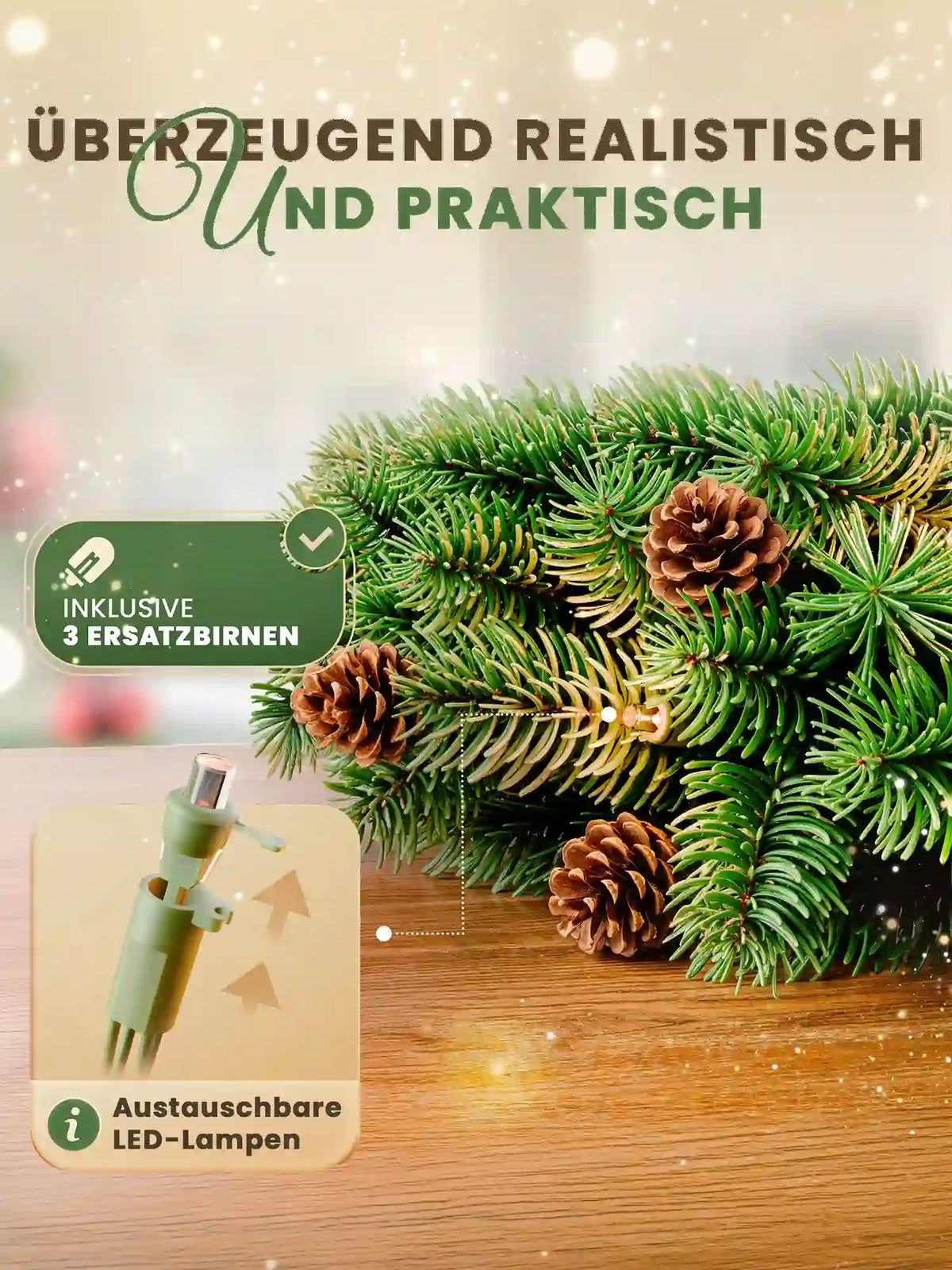 Close-up van de ArtiTree-kerstkrans met dennenappels en natuurgetrouwe dennentakken op een houten tafel