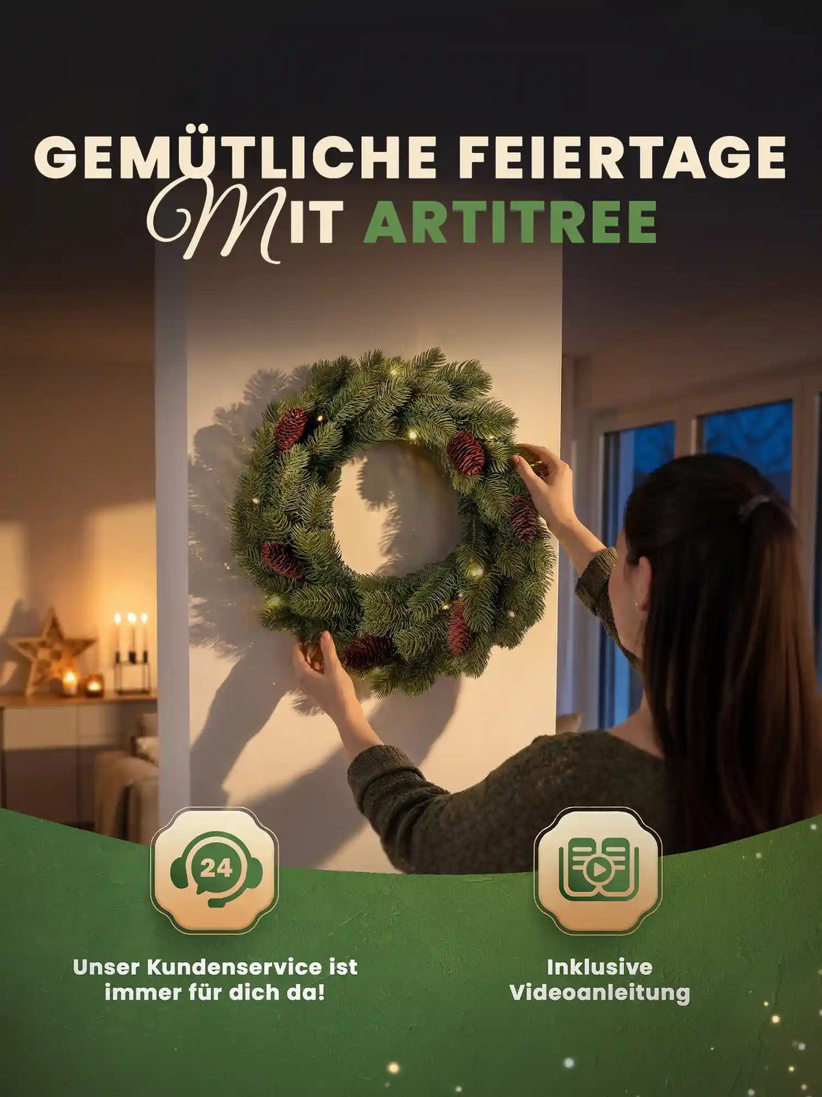 Kunstkerstkrans met dennenappels en ledverlichting hangt decoratief in een gezellige woonkamer