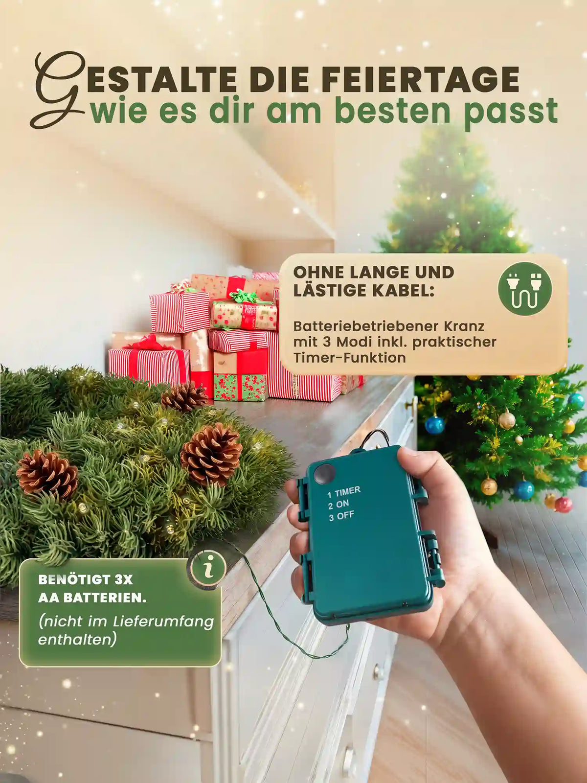 Batterijgevoede kerstkrans met dennenappels van ArtiTree en timerfunctie – een hand houdt de bedieningseenheid vast, de krans ligt op een dressoir