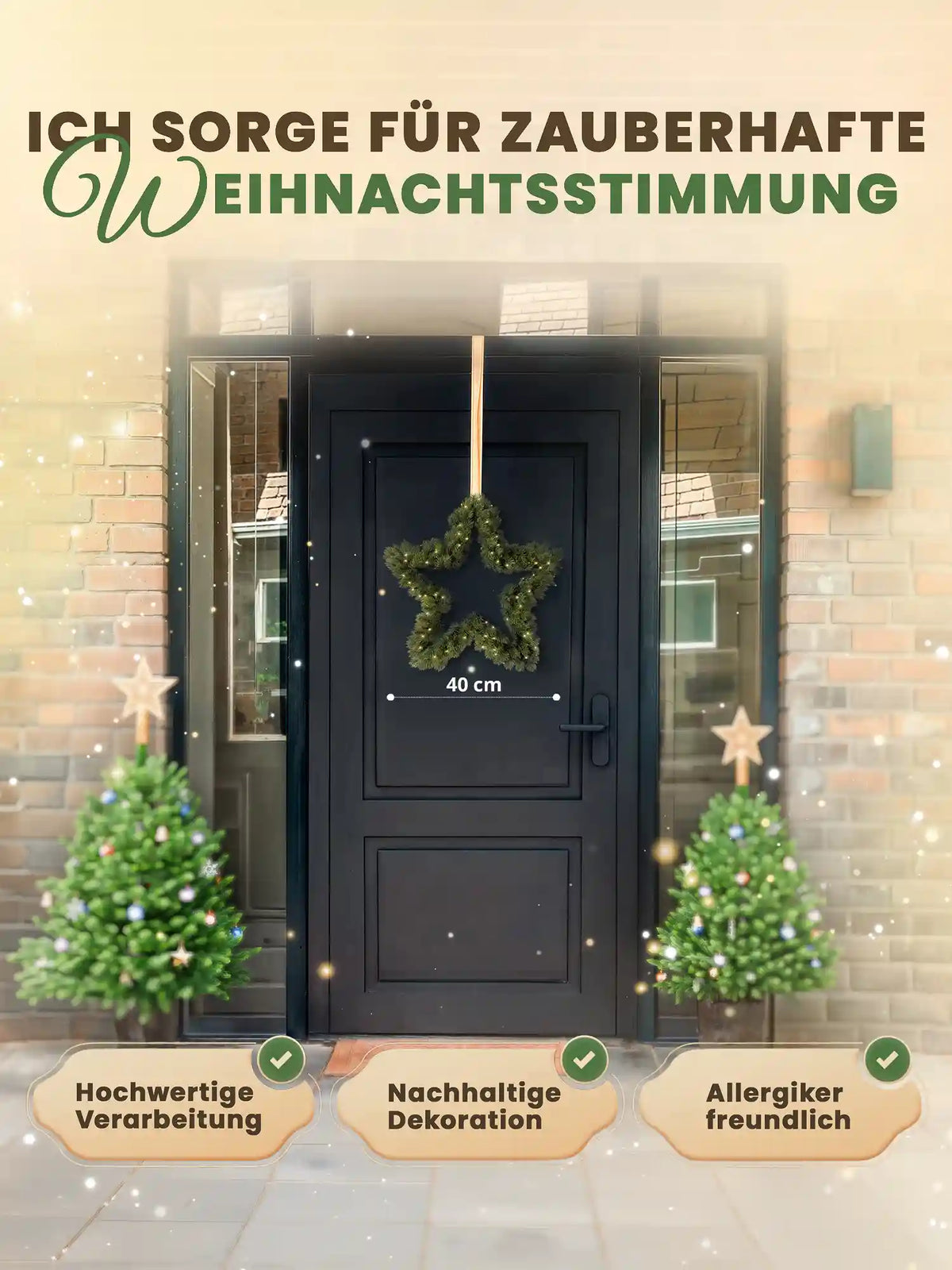 Star-shaped Christmas wreath by ArtiTree, 40cm, hanging on a black front door