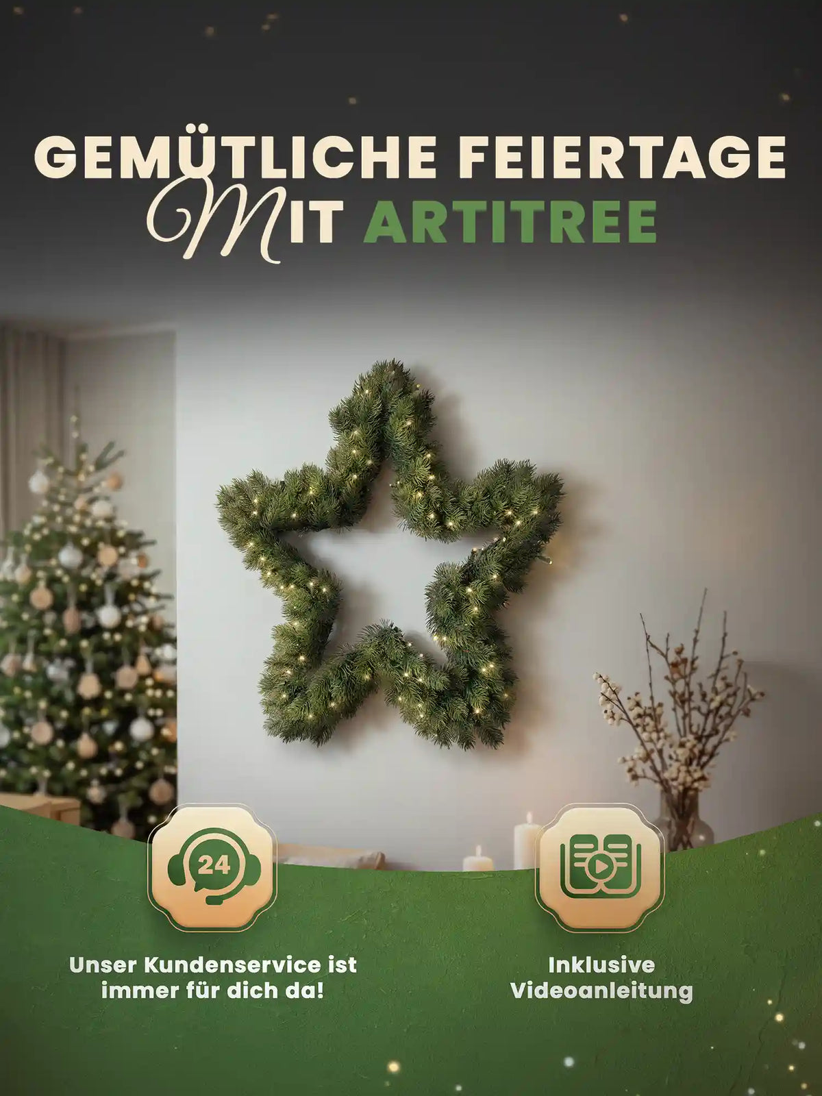 Artificial Christmas wreath in a star shape with LED lights hangs decoratively on a light-colored wall in a cozy living room