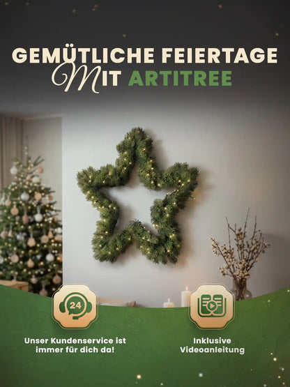 Artificial Christmas wreath in a star shape with LED lights hangs decoratively on a light-colored wall in a cozy living room