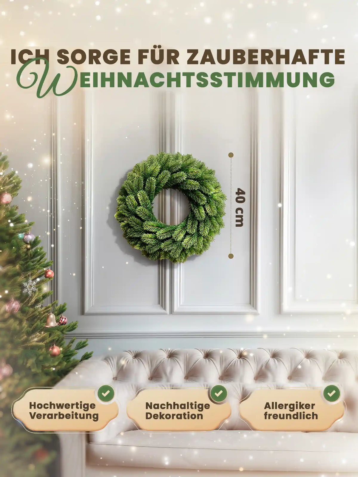 ArtiTree Weihnachtskranz mit Größenangabe 40 cm über Sofa, hochwertige Verarbeitung, nachhaltig und allergikerfreundlich