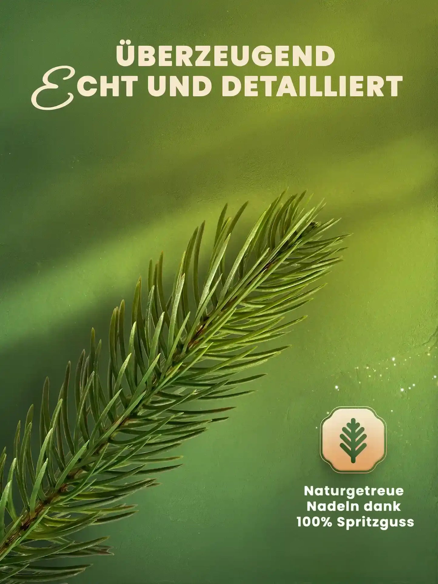 Detailaufnahme eines einzelnen Tannenzweigs mit naturgetreuen Nadeln aus 100% Spritzguss vor grünem Hintergrund