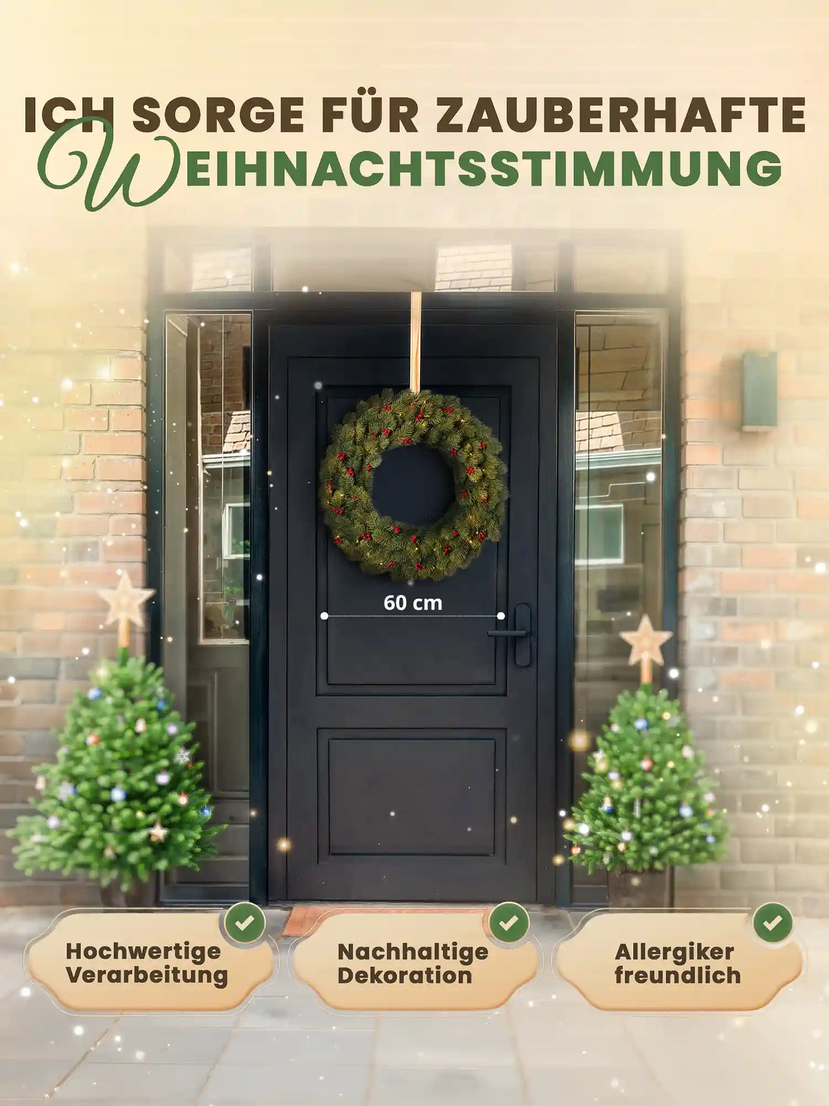 Kunstkerstkrans met rode bessen, 60 cm, van ArtiTree aan een zwarte voordeur
